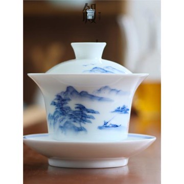 白瓷純手繪山水蓋碗茶杯三件套單個懸停馬蹄三才泡茶碗高級元青花