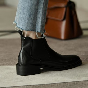 皮厚先生 中跟黑色女靴及踝靴女 秋季粗跟短靴女時尚真皮切爾西靴