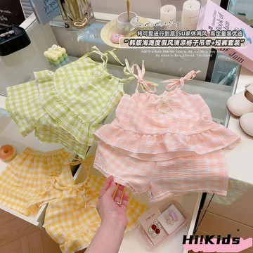 夏季女童背心短褲兩件套 可愛格子蝴蝶結吊帶套裝 小女孩吊帶背心褲裙套裝 甜美兒童抽繩格子套裝H4