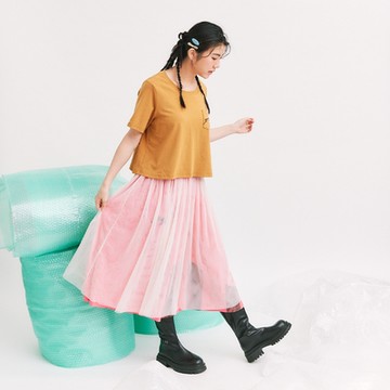 【Dailo】巨大貓貓雙色長紗裙 粉