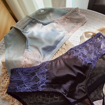 「MOJITO」輕紗朦朧‧法式中低腰絲滑綢緞面蕾絲內褲性感網紗透視半包臀柔軟舒適女三角褲(2色選) S-XL