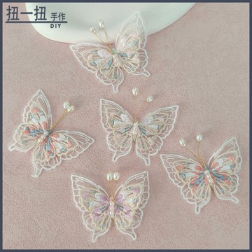diy材料💖歐根紗刺繡雙層蕾絲蝴蝶彩色diy飾品3d立體花邊漢服婚紗布貼配件 輔材 手作材料 手作配件