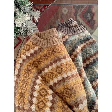 費爾島浪漫提花套頭毛衣女秋冬新款設計感寬松長袖溫柔系針織上衣