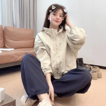 短款連帽雙拉鏈沖鋒衣外套女2024秋季新款小個子休閑寬松顯瘦上衣