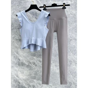 好看的瑜伽服女夏薄款荷葉袖上衣含胸墊高端專業時尚健身運動套裝