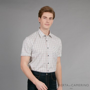 ROBERTA諾貝達 進口素材 台灣製 歐洲時尚 白底細彩格短袖襯衫 米色