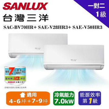 SANLUX台灣三洋1級變頻一對二分離式冷暖冷氣SAC-BV70HR+SAE-V28HR3+SAE-V50HR3