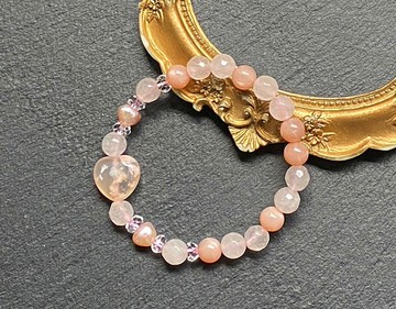 粉月光 粉晶 白水晶  淡水珍珠 櫻花瑪瑙水中花愛心手鍊 手鍊