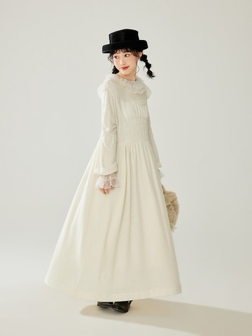 海鹽茉莉 羊毛混紡 溫柔系 拉夫領 長袖連衣裙