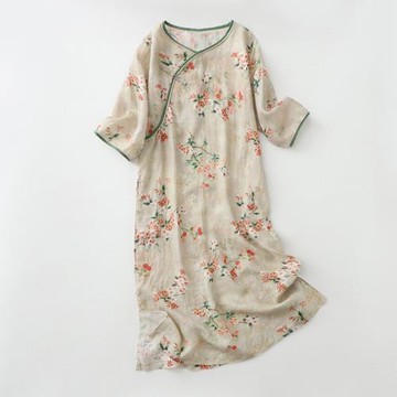 中式盤扣改良棉麻旗袍裙女夏季寬松顯瘦氣質茶服亞麻中袖連衣裙薄
