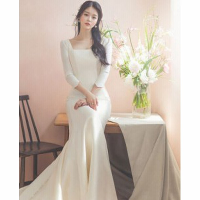 ウェディングドレス 白 二次会 花嫁 大きいサイズ 小さいサイズ 袖あり マーメイドライン スレンダーライン スクエアネック シンプル 通販 Lineポイント最大get Lineショッピング