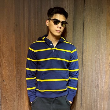 美國百分百【全新真品】Ralph Lauren RL 連帽T恤 條紋 帽T 長袖 小馬 POLO 深藍黃 AZ16