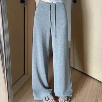 2色薄棉休閑高腰直筒闊腿褲女 系繩寬松顯瘦直筒褲慵懶風長褲
