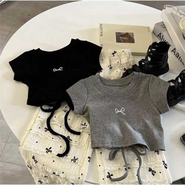 女童短袖套裝2025夏季新款洋氣蝴蝶結T恤韓版闊腿褲女寶寶兩件套