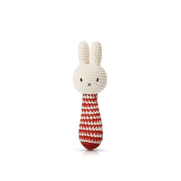 荷蘭 Just Dutch | Miffy 米飛兔 手工編織 嬰幼兒 條紋手搖鈴 紅
