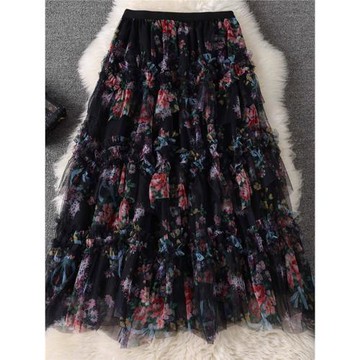 不規則紗裙女網紗碎花半身裙蓬蓬裙顯瘦時尚高腰蛋糕裙大擺長裙子