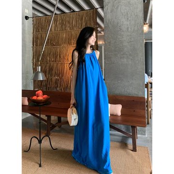 克萊因藍色無袖吊帶連衣裙寬松慵懶風三亞海邊度假氛圍感拍照裙子