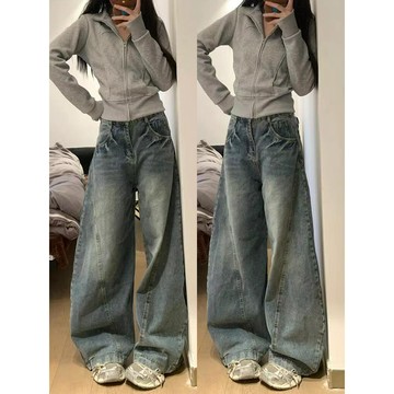 【鹿向南】牛仔褲 韓系彎刀褲 闊腿褲 拖地褲 寬鬆牛仔褲 顯瘦 長褲 y2k褲子 梨形友善 高腰長褲 水洗褲 休閒長褲