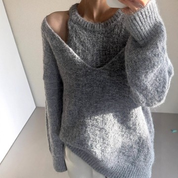 「買到戀愛 闆娘任性價」韓版針織打底衫女 修身顯瘦內搭針織衫 長袖針織上衣 吊帶背心兩件套慵懶風內搭打底針織裝