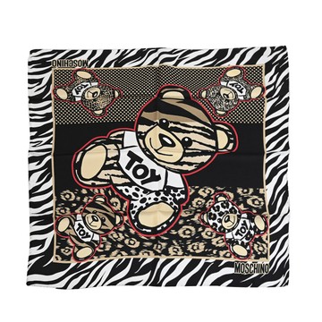 MOSCHINO 03627 M3039 動物紋小熊LOGO圖樣絲質小方巾.黑白
