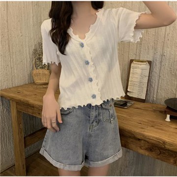 薄款紐扣木耳邊花朵針織開衫短袖女2021夏季修身露臍小清新上衣潮