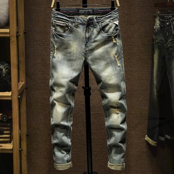 春秋款破洞牛仔褲男潮牌修身彈力小腳韓版潮流日系復古做舊長褲子