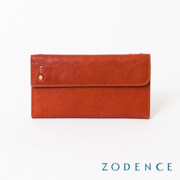 ZODENCE 義大利植鞣革金點設計對開長夾 橘紅