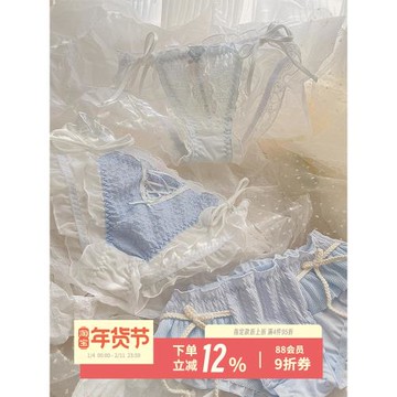 沁沁奶藍~純欲蕾絲性感少女短褲組合純色透氣甜美蝴蝶結女士內褲