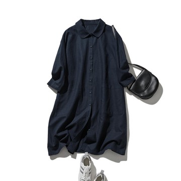 時尚實穿 法國亞麻前開襟襯衫連身裙 簡約百搭 舒適透氣 深藍色