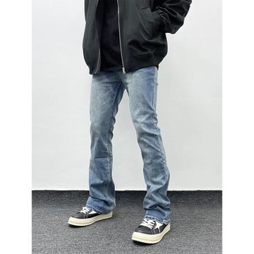 美式高街水洗修身直筒微喇叭微彈牛仔褲男淺藍色百搭堆積休閑褲子