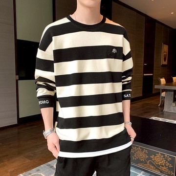 純棉長袖T恤男2021春季新款男裝上衣潮牌潮流寬松復古條紋衛衣男