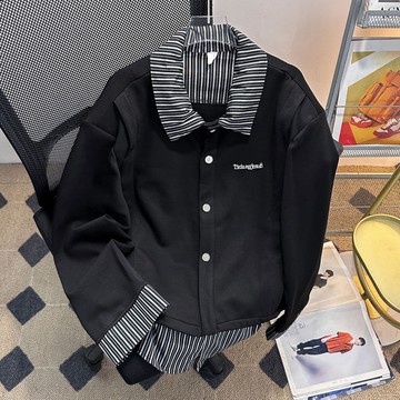 cleanfit假兩件條紋拼接襯衫大學T男翻領高級感痞帥上衣男