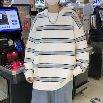 【老林】秋冬條紋圓領毛衣男港風潮流針織衫韓版寬鬆百搭慵懶風青少年綫衣 にう