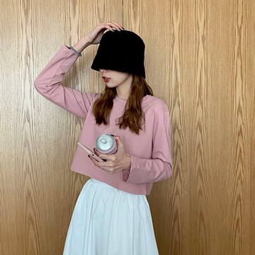長袖T恤女短款秋裝新款韓版寬松純色百搭休閑顯瘦打底衫上衣1入