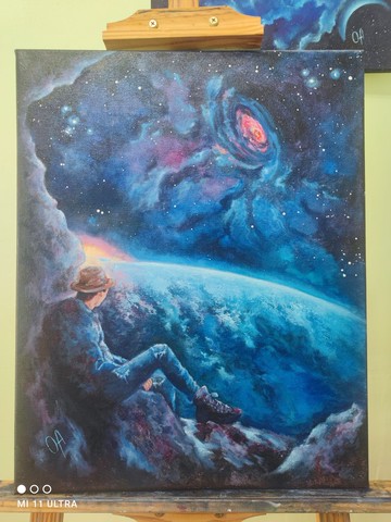 油畫 獨與宇宙。空間。銀河系。幻想。超現實主義。