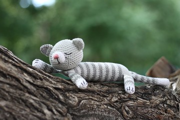 貓虎斑鉤針，貓條紋，鉤針貓填充物，玩具針織貓