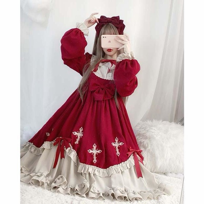 ロリータ ワンピース 冬服 レトロ風 切り替え レディース ロリータ