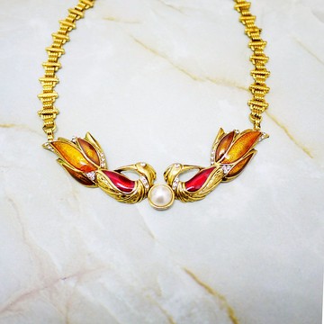 古董藝術法瑯成雙鳥 項鍊