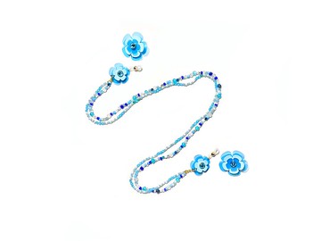 兩用透明天藍色花花眼鏡鏈連耳夾