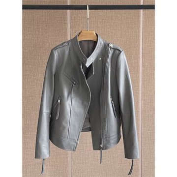 皮衣外套女爆款春秋短款小個子機車灰色復古油蠟真綿羊皮修身夾克