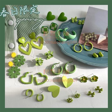 夏天小清新茶系耳環 氣質洋氣耳飾 高級感綠色百搭耳釘[倪醬小鋪]