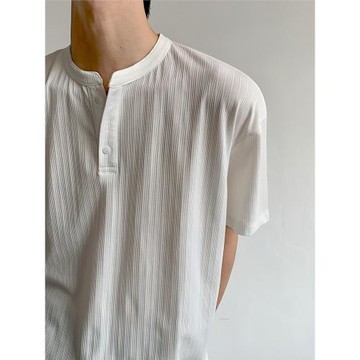 權一慵懶風亨利領設計感短袖T恤男夏季透氣薄款立領純色半袖小眾