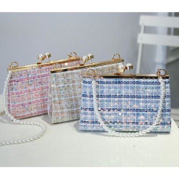 Sp house 亮片格紋編織面料珍珠單肩手拿女用包(3色可選)