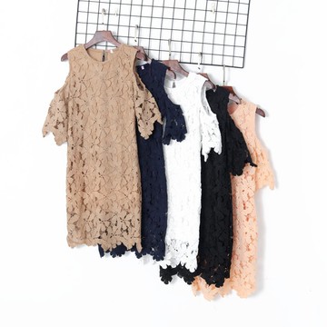 春季女裝韓版鉤花鏤空圓領套頭性感露肩短袖修身顯瘦連衣裙