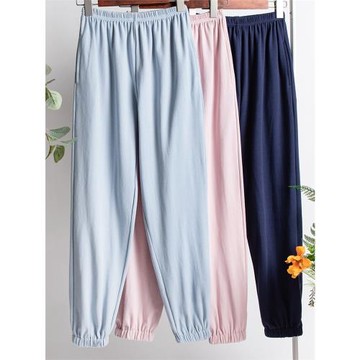 睡褲女長褲純棉春秋單件寬松加大碼束腳懶人家居褲全棉可外穿褲子