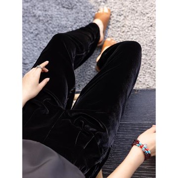 真絲絲絨女士九分褲高腰哈倫褲桑蠶絲休閑褲寬松口袋煙管不挑腿型