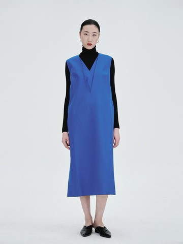 【無袖】新中式復古中國風 羊毛藍色連衣裙