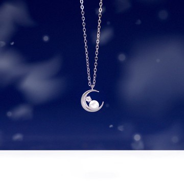 L'amour 優雅星月珍珠項鏈 (白金色)