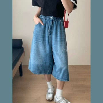 95公斤可！台灣㊣現貨✨牛仔六分褲/鬆緊牛仔褲/寬鬆短褲/中大尺碼/牛仔短褲/中大尺碼Want Meow招財貓旺