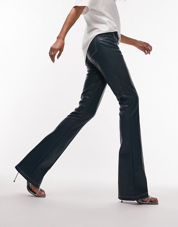 Topshop faux leather zip front skinny flare with split hem in blue